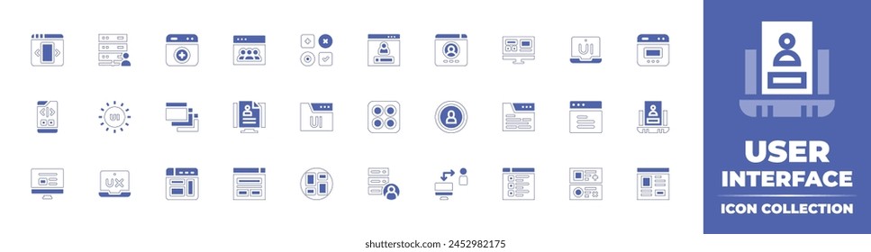 User interface icon collection. Duotone style line stroke and bold. Vector illustration. Containing user interface, ui, website, browser, user experience, windows, contact, ui design, application.