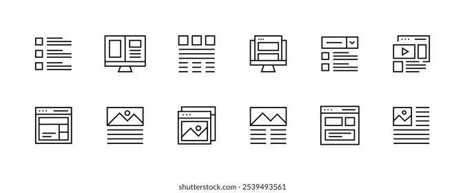 User interface icon collection. Interface icons, layout, sidebar, checklist, browser, wireframe, gallery, workspace and more. Editable stroke. Pixel Perfect. Grid base 32px.