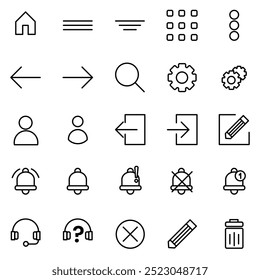 Conjunto de colecciones de iconos de interfaz de usuario. Contiene flecha hacia atrás, Configuraciones, perfil, registro, Cerrar sesión, notificación, ícono de papelera. Vector de línea simple.