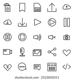 User Interface icon collection set. Containing trash, save, download, play, chat, comment, code, share, mute icon. Simple line vector.