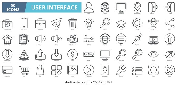 User interface icon collection set. Containing user,medal,computer,placeholder,log out,camera,briefcase icon. Simple line vector