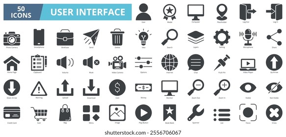 User interface icon collection set. Containing user,medal,computer,placeholder,log out,camera,briefcase icon. Simple glyph vector