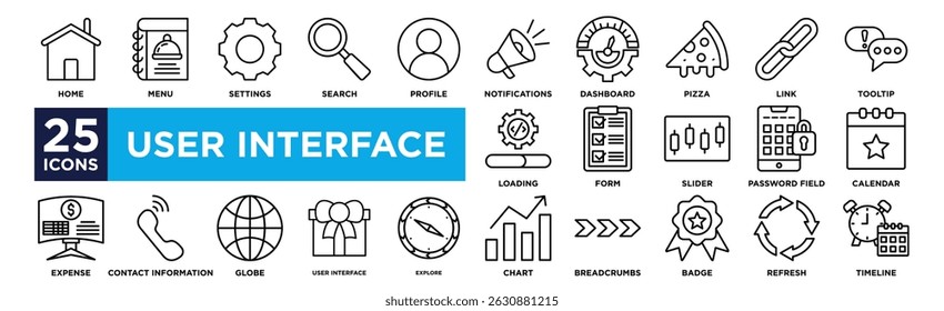 user interface icon collection set. Containing Home, Menu, Settings, Search, Profile,