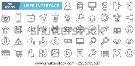 User interface icon collection set. Containing user,medal,computer,placeholder,log out,camera,briefcase icon. Simple line vector