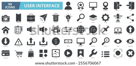 User interface icon collection set. Containing user,medal,computer,placeholder,log out,camera,briefcase icon. Simple glyph vector