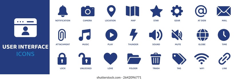 Interface do usuário - coleção de ícones. O conjunto de linhas finas contém ícones como Botão, Alternar, Caixa de seleção, Controle deslizante, Entrada, Suspenso, Menu e muito mais. Conjunto de ícones simples da Web.