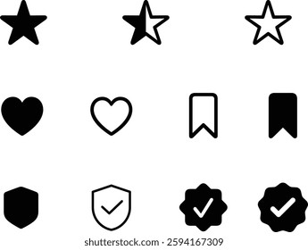 User interface icon kit, including symbol of Star, half star, rating, review, bookmark, like heart, insure, verified shapes