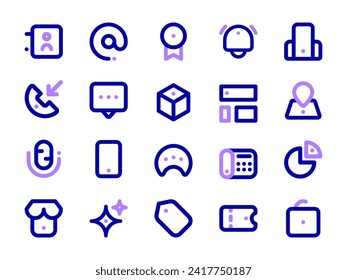 Estilo de dos tonos de contorno del paquete de iconos de la interfaz de usuario. Colección de conjuntos de iconos esenciales, perfecto para sitios web, páginas de inicio, aplicaciones móviles, presentaciones y para necesidades de usuario.