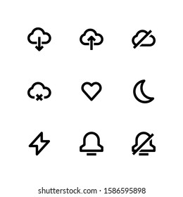 User Interface icon set = cloud download, cloud upload, disable cloud, cloud cancel, love, half moon, thunder, bell, disable bell