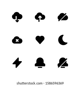 User Interface icon set = cloud download, cloud upload, disable cloud, cloud cancel, love, half moon, thunder, bell, disable bell