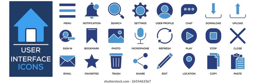 User Interface icon set collection. Containing design Home, Menu, Notification Bell, Search, Settings Gear
