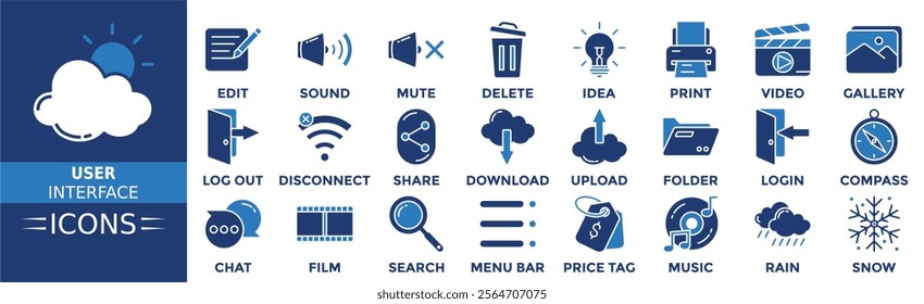 User interface icon set. Containing edit, sound, mute, delete, idea, print, video, gallery and more. Solid vector icons collection