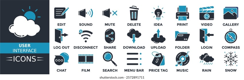 User interface icon set. Containing edit, sound, mute, delete, idea, print, video, gallery and more. Solid vector icons collection