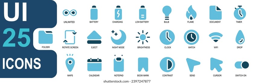 user interface icon set. contains battery, charging, bulb, clock, moon, folder, file, wifi, cursor, map. icon style flat color. vector collection for web, app and others.