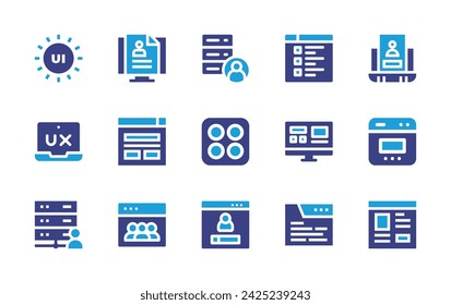 User interface icon set. Duotone color. Vector illustration. Containing ui, user experience, admin, account, login, resume, testimonial, pop up, web page, apps, carousel, blog, monitor, social media.