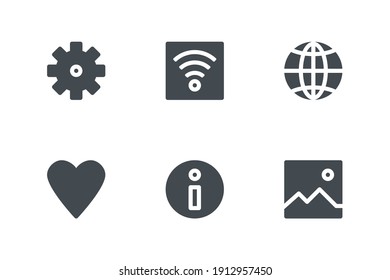 user interface icon set with gear, wireless, internet, heart, information and image icon. solid style