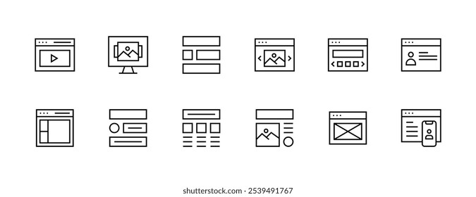 User interface icon set. Interface icons, layout, sidebar, web page, browser, wireframe, desktop, workspace and more. Editable stroke. Pixel Perfect. Grid base 32px.