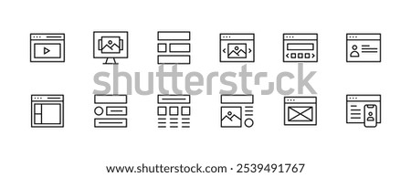 User interface icon set. Interface icons, layout, sidebar, web page, browser, wireframe, desktop, workspace and more. Editable stroke. Pixel Perfect. Grid base 32px.