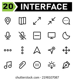 User interface icon set include map, pin, location, user interface, guide, direction, maximize, full screen, enlarge, arrows, minimize, reduce, close, message, chat, misc, communication, mic, podcast