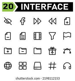 User Interface Icon Set Include Face Book, Social Media, User Interface, Fast, Forward, Arrows, Rewind, File, Plus, Add, Files, Minus, Remove, Text, Document, Film, Movie, Video, Filter, Funnel, Sort