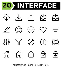 El conjunto de iconos de la interfaz de usuario incluye nube, tiempo, descarga, interfaz de usuario, flechas, subir, dibujar, lápiz, editar, cara, emoticono, sonrisa, triste, amor, favorito, filtro, menú, opción, túnel, bloquear cruz completa