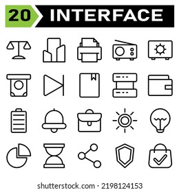 User Interface Icon Set Include Legal, Law, Justice, Court, Crime, Office, Building, Apartment, House, Home, Printing, Print, Printer, Document, Radio, Transmission, Device, Fm, Safe Deposit