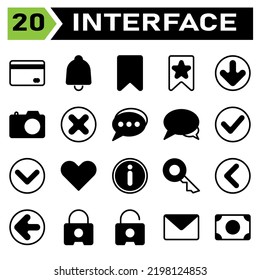 User interface icon set include bank, debit, payment, card, transaction, bell, alarm, ring, reminder, alert, wake, tag, maker, bookmark, label, offer, star, favorite, bottom, arrows, direction