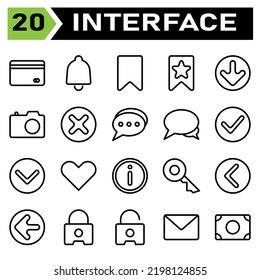 User interface icon set include bank, debit, payment, card, transaction, bell, alarm, ring, reminder, alert, wake, tag, maker, bookmark, label, offer, star, favorite, bottom, arrows, direction