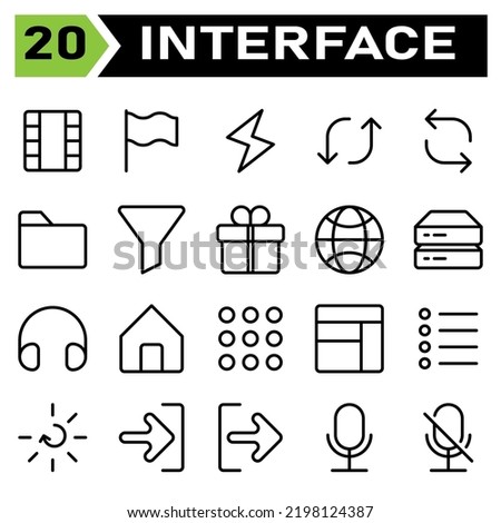 User interface icon set include film, movie, roll film, video, cinema, flag, symbol, national, country, sign, flash, lightning, thunder, light, flip, shuffle, repeat, arrow, arrows, folder, paper