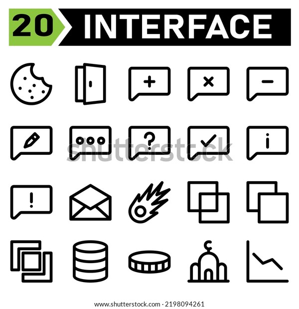 User interface icon set include cookie,
biscuit, cake, chocolate chip, user interface, door, open, lo gin,
enter, comment, add, text, bubble, cross, minus, edit, message,
question, check,
info,warning