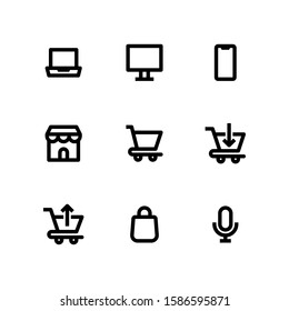 User Interface icon set = laptop, monitor, phone, market store, cart trolley, download trolley, upload trolley, shopping bag, microphone