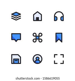 User Interface icon set = layer, home, headphone, speech bubble, command, bookmark, save disk, contact, fullscreen
