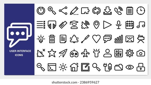 User interface icon set. line icon collection. Containing camera, clock, lock and gear icons. 