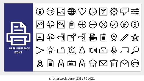 User interface icon set. line icon collection. Containing print, clock, envelope and microphone icons. 