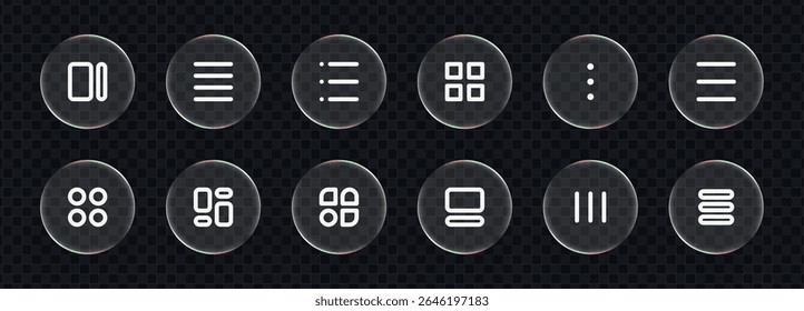 User interface icon set in liquid glass vector style. App and web button collection for digital concept.