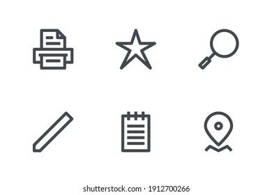 user interface icon set with printer, star, search, pen, note and pin icon.  Outline style