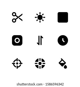 User Interface icon set = scissors, sun, shape, camera, data, time,target,save,bucket paint