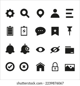 user interface icon set. setting, search, location pin, user, menu, battery, chat, bookmark, notifications, home, password, eyes, gallery icon