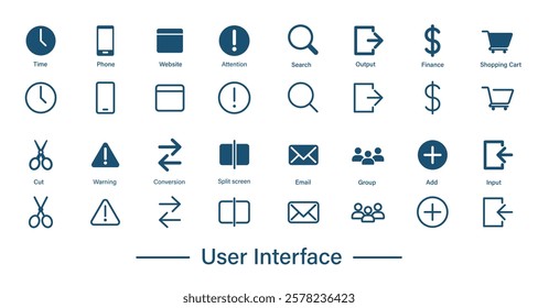 User interface icon. Set of solid and outline icons for web, shopping, computer, phone.