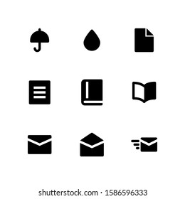 User Interface icon set = Umbrella, drop water, file, document, book, read, messages, open email, send email