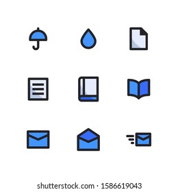 User Interface icon set = Umbrella, drop water, file, document, book, read, messages, open email, send email