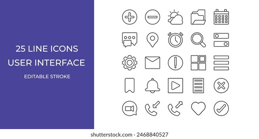 User interface icon set vector design illustration stock editable stroke. search, calendar, menu and more