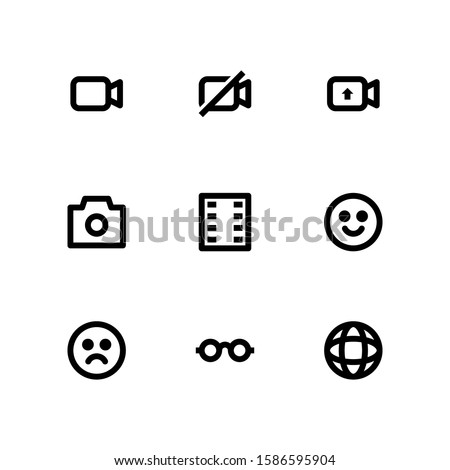 User Interface icon set = video, video off, upload video, camera, film reel, smile, bad, eyeglasses, browser