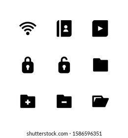 User Interface icon set = Wifi, contact book, play, locked, unlock, folder, add folder, delete folder, open folder