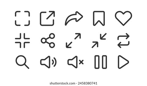 User interface icon. Social media button. UI UX app, website. Link, sound, share, search set.