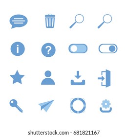 User Interface icons: download, trash box, comment, user, log in, upload, key, error, info, help, gear.