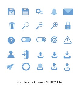 User Interface icons: save, save as, download, mail, user, log in, upload, update, key, notification, zoom, error, help, lock, home, phone book.