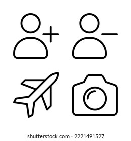 User Interface icons set = add user, delete user, airplane, camera. Perfect for website mobile app, app icons, presentation, illustration and any other projects