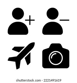 User Interface icons set = add user, delete user, airplane, camera. Perfect for website mobile app, app icons, presentation, illustration and any other projects