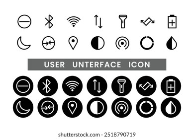 User Interface Icons set collection for web and ui. Line icons pack. Vector illustration.user interface icons. User, profile, message, app, document file, social media, button, home, chat, arrow icon.